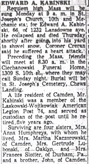 Edward A. Kabinski obituary, Camden Courier-Post, December 6, 1957