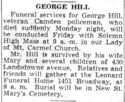 George Hill funeral notice, Camden Courier-Post, July 30, 1941