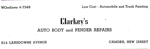 Clarkey's Auto Body and Fender Repairs, 814 Lansdowne Avenue, advertisement, Veterans Boxing Association Ring No. 6 Banquet Program, 1961