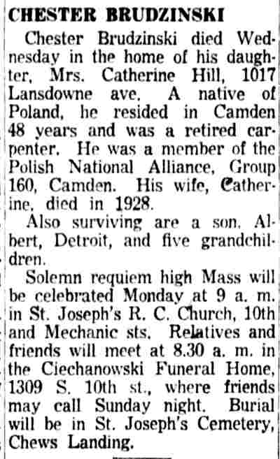 Chester Brudzinski obituary, Camden Courier-Post, November 6, 1953