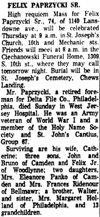 Felix Paprzycki Sr. obituary, Camden Courier-Post, March 30, 1965