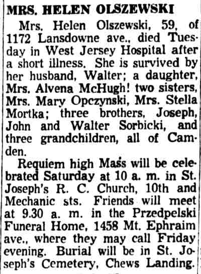 Mrs. Helen Olszewski obituary, Camden Courier-Post, February 15, 1956
