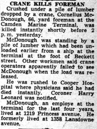 Crane Kills Foreman, Camden Courier-Post, July 31, 1941