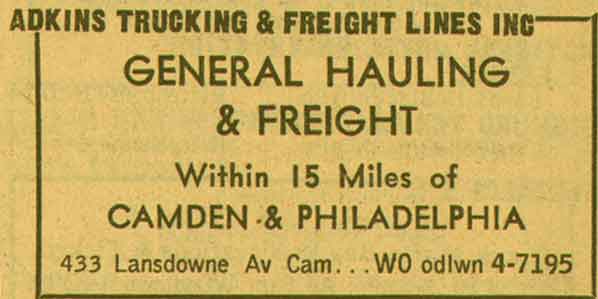 Adkins Trucking and Freight Lines Inc. advertisement, New Jersey Bell Yellow Pages, 1955