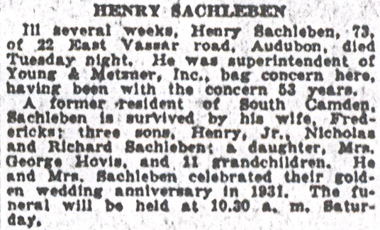 Henry Sachleben obituary, Camden Courier-Post, October 12, 1933