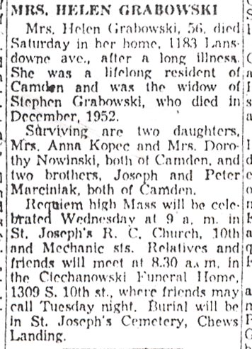 Mrs. Helen Grabowski obituary, Camden Courier-Post, September 23, 1954
