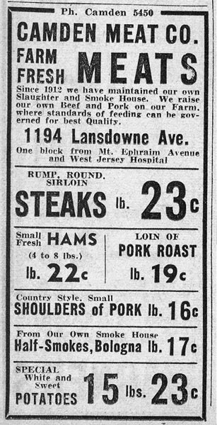 Camden Meat Company price list advertisement, Camden Courier-Post, February 4, 1938
