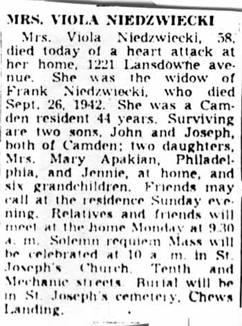 Mrs. Viola Niedzwiecki obituary, Camden Courier-Post, November 6, 1952