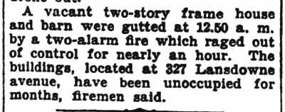 Vacant building fire at 327 Lansdowne Avenue, Camden Courier-Post, February 21, 1933