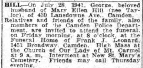 George Hill death notice, Camden Courier-Post, July 31, 1941