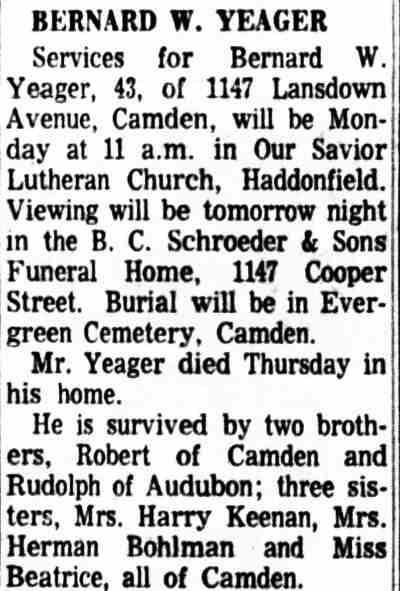 Bernard W. Yeager obituary, Camden Courier-Post, June 4, 1966