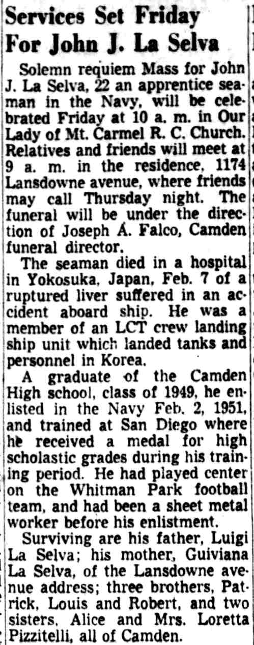 Services Set Friday For John J. La Selva, Camden Courier-Post, April 2, 1952