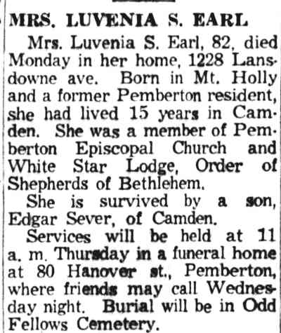 Mrs. Luvenia S. Earl obituary, Camden Courier-Post, May 19, 1959