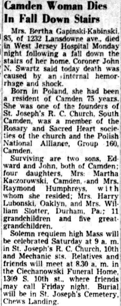 Camden Woman Dies in Fall Down Stairs, Camden Courier-Post, August 5, 1952