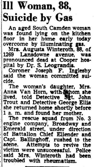 Ill Woman, 88, Suicide by Gas, Camden Courier-Post, April 2, 1949