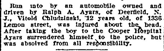 Camden Boy Hurt by Auto, Philadelphia Inquirer, April 26, 1913