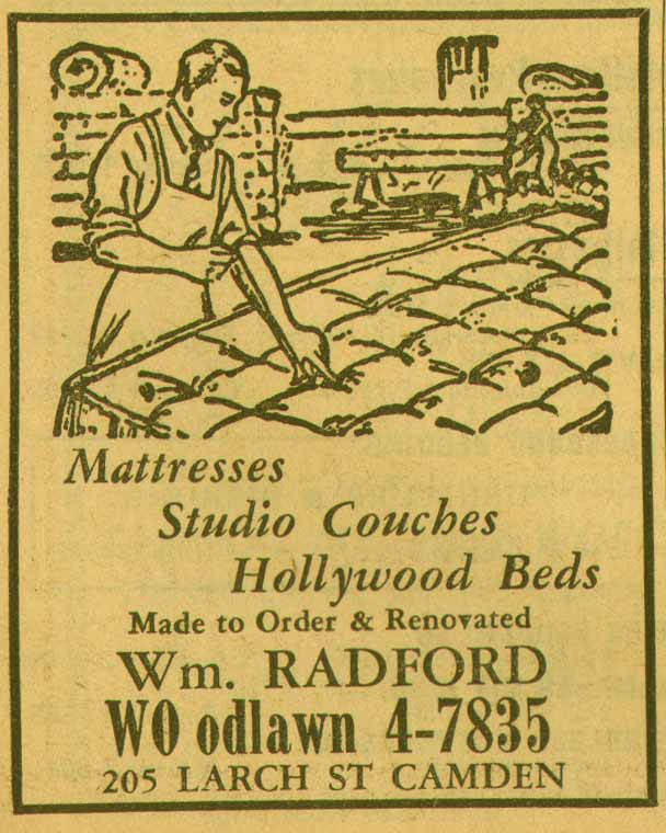 New Jersey Bell Telephone Yellow Pages advertisement, 1955 — William Radford, mattresses and studio couches, 205 Larch Street Camden