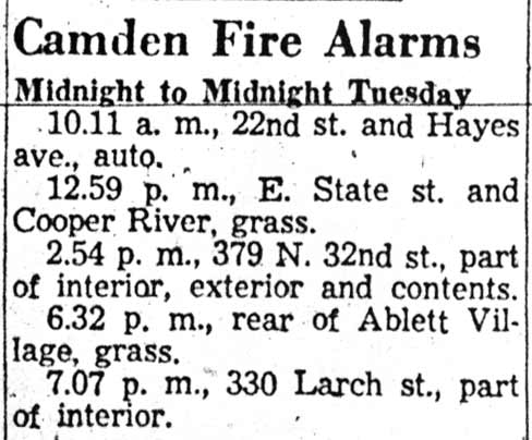 Camden Courier-Post, December 4, 1957 — Camden Fire Alarms including 330 Larch Street