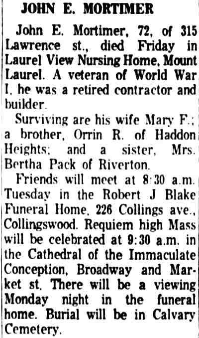 Obituary for John E. Mortimer of 315 Lawrence Street, Camden Courier-Post, January 12, 1963