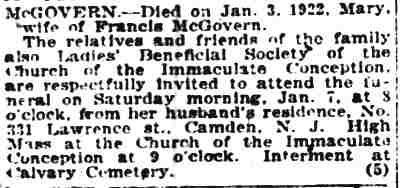 Death notice for Mary McGovern of 331 Lawrence Street, Camden Post-Telegram, January 4, 1922