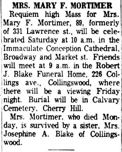 Obituary for Mrs. Mary F. Mortimer, formerly of 331 Lawrence Street, Camden Courier-Post, February 3, 1965