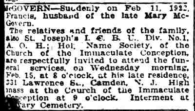 Death notice for Francis McGovern of 331 Lawrence Street, Camden Post-Telegram, February 14, 1922