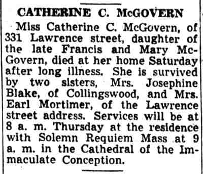 Obituary for Catherine C. McGovern of 331 Lawrence Street, Camden Courier-Post-Telegram, December 7, 1943