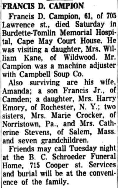 Camden Courier-Post obituary for Francis D. Campion of 705 Lawrence Street, July 25, 1960