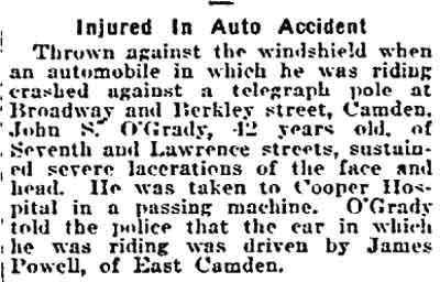 Philadelphia Inquirer article about John S. O'Grady injured in auto accident at Broadway and Berkley Street, June 8, 1919