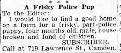 Camden Courier-Post letter seeking a home for a police pup, 719 Lawrence Street, July 5, 1941