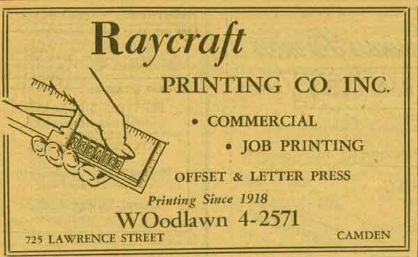 New Jersey Bell Yellow Pages advertisement for Raycraft Printing Company at 725 Lawrence Street, 1955