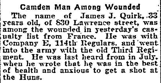 Philadelphia Inquirer article reporting James J. Quirk of 830 Lawrence Street among the World War I wounded, October 16, 1918