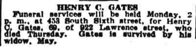Camden Courier-Post death notice for Henry C. Gates of 922 Lawrence Street, October 4, 1930