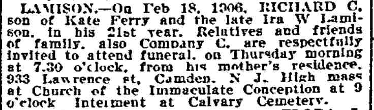 Philadelphia Inquirer death notice for Richard C. Lamison of 933 Lawrence Street, February 20, 1906
