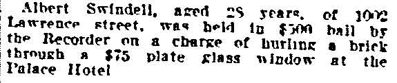 Philadelphia Inquirer item about Albert Swindell of 1002 Lawrence Street held on bail, June 8, 1915