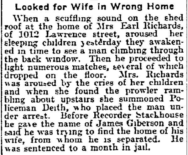 Philadelphia Inquirer article about James Giberson entering the wrong house at 1012 Lawrence Street, August 24, 1915