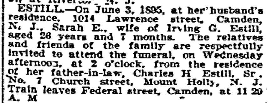 Philadelphia Inquirer death notice for Sarah E. Estill of 1014 Lawrence Street, June 5, 1895