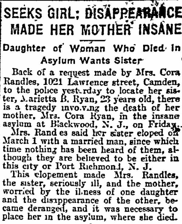 Philadelphia Inquirer article about Mrs. Cora Randles of 1021 Lawrence Street seeking her missing sister, September 10, 1916