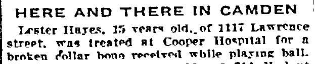 Philadelphia Inquirer item about Lester Hayes of 1117 Lawrence Street treated for a broken collar bone, April 23, 1917