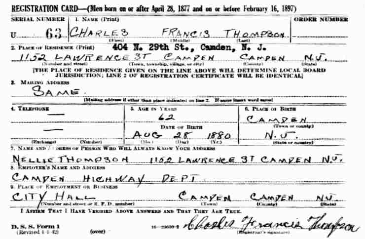 World War I draft registration card for Charles Francis Thompson of 1152 Lawrence Street, Camden Highway Department