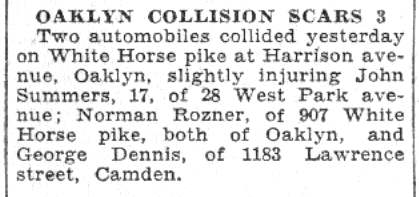 Camden Courier-Post article about a collision in Oaklyn involving George Dennis of 1183 Lawrence Street, June 6, 1932