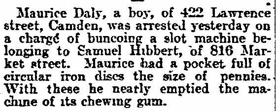 Philadelphia Inquirer news item about Maurice Daly arrested for slot machine buncoing, August 2, 1905