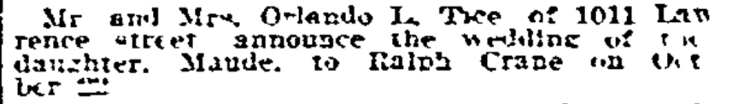 Philadelphia Inquirer announcement of the wedding of Maud Tice of 1011 Lawrence Street to Ralph Crane, October 25, 1917