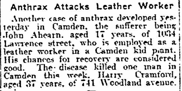 Philadelphia Inquirer article about John Ahearn of 1034 Lawrence Street contracting anthrax, February 3, 1917