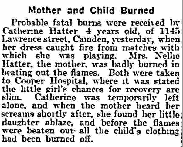 Philadelphia Inquirer article about Catherine Hatter burned at 1145 Lawrence Street, December 22, 1915