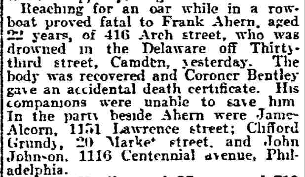 Philadelphia Inquirer article about Frank Ahern drowned off 33rd Street Camden, with companions including James Alcorn of 1151 Lawrence Street, September 8, 1914