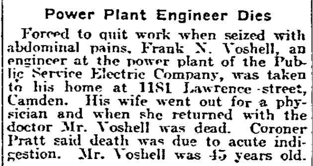 Philadelphia Inquirer article about Frank N. Voshell of 1181 Lawrence Street dying suddenly at his home, January 12, 1918