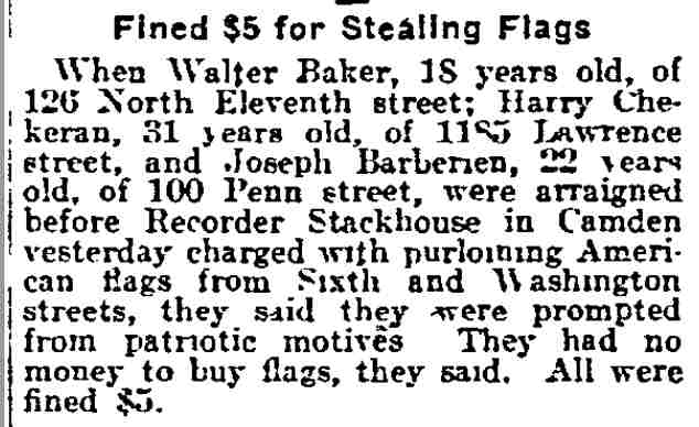Philadelphia Inquirer article about Harry Chekeran of 1185 Lawrence Street and others fined for stealing American flags, June 10, 1917