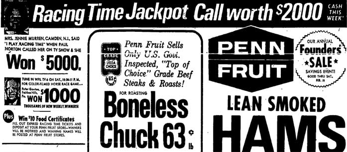 Racing Time Jackpot advertisement featuring Jennie Murren — Bucks County Courier-Times, February 7, 1968