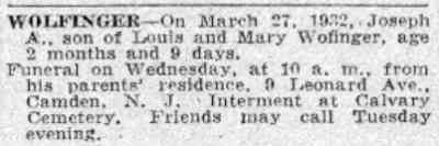 Wolfinger obituary — Camden Courier-Post, March 28, 1932